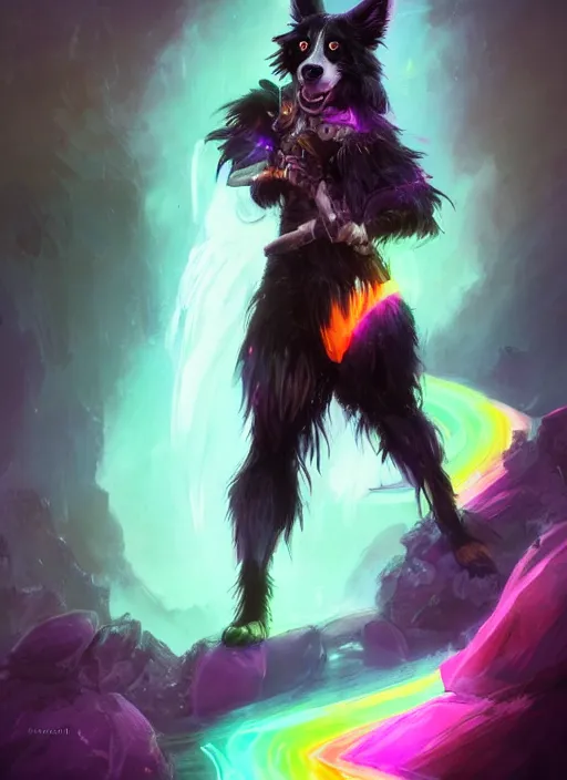 Image similar to wide angle beautiful full body portrait of a cute male anthropomorphic anthro border collie fursona wearing a barbarian outfit in a dark neon rainbow, character design by charlie bowater, henry asencio, and ross tran, disney, scenic background, detailed, glamor pose, aesthetic, trending on artstation, furaffinity, deviantart