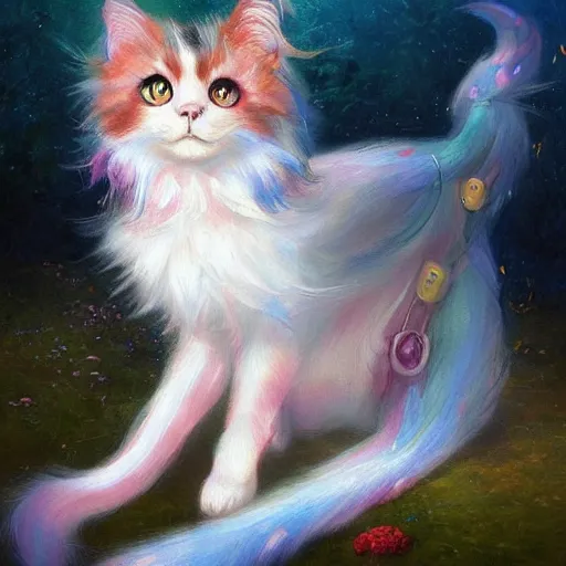 Prompt: An adorable fantasy painting of a cute and happy long-hair calico cat with colorful fur, by greg rutkowski and thomas kinkade, trending on artstation
