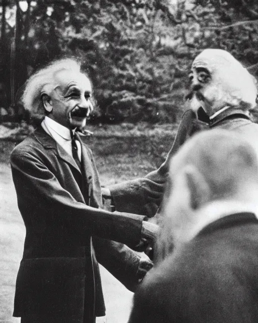 Prompt: A photo of Albert Einstein shaking hands with Oppenheimer , highly detailed, trending on artstation, bokeh, 90mm, f/1.4