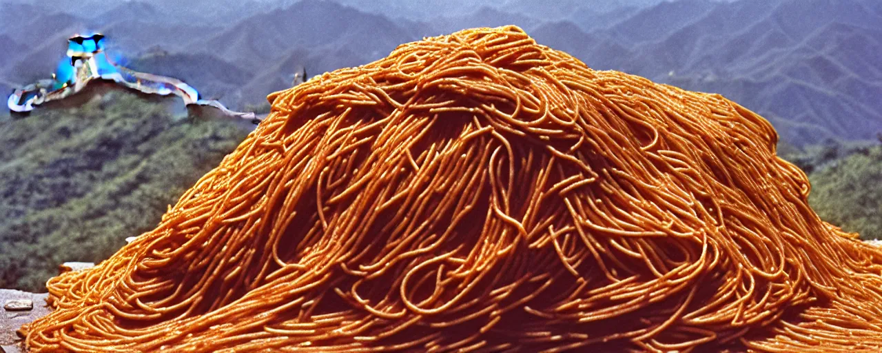 Prompt: pile of spaghetti at the great wall of china, fine detail, canon 5 0 mm, in the style of galen rowell, kodachrome,