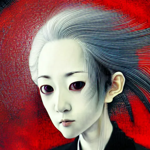 Image similar to yoshitaka amano blurred and dreamy realistic three quarter angle portrait of a woman with white hair and black eyes wearing dress suit with tie, junji ito abstract patterns in the background, satoshi kon anime, noisy film grain effect, highly detailed, renaissance oil painting, weird portrait angle, blurred lost edges