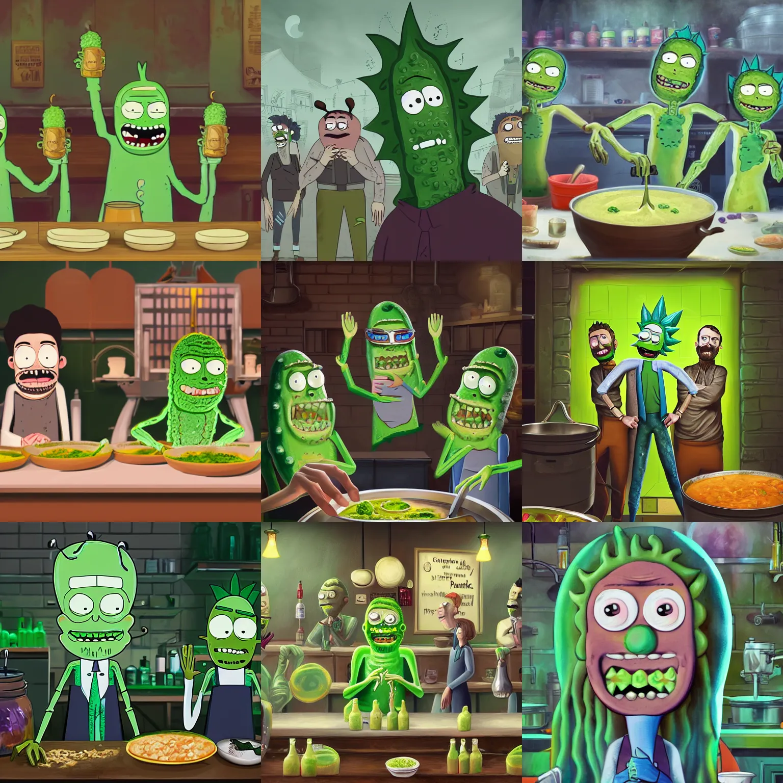 Prompt: pickle rick, rick sanchez, pickle rick serving in a soup kitchen, detailed portrait, matte painting