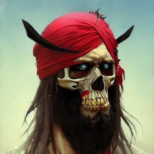 Prompt: masterpiece painting of a pirate lord with long black beard long black hair wearing a skull mask, featured in artstation, concept art by Greg Rutkowski, WLOP, Dan Mumford, Christophe Vacher