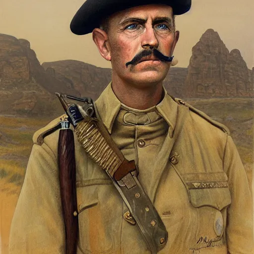 Image similar to a detailed photorealistic muted - color portrait painting of a 1 9 1 7 worried - looking british officer in field gear from the arab bureau in wadi rum, ultra realistic, intricate details, atmospheric, dark, brooding, highly detailed, by clyde caldwell