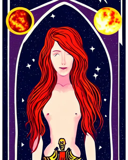 Image similar to tarot card of space astral girl, red hair, ginger hair, fantasy, glowing skin, smooth face, perfect eyes