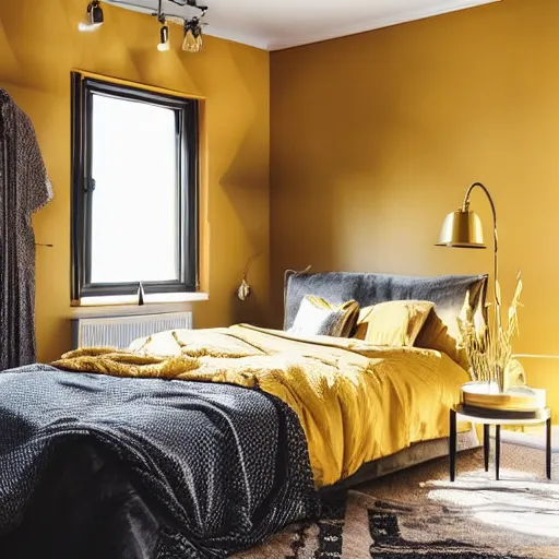 Image similar to a trendy Instagram bedroom furring golden hour, warm sunlight, yellow light, 4K