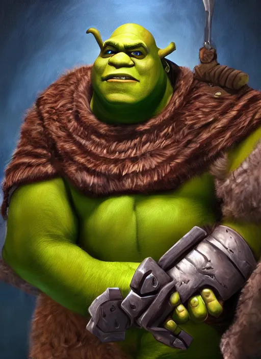 Image similar to oil painting shrek as thrall from world of warcraft, artstation, shrek, epic, dramatic,