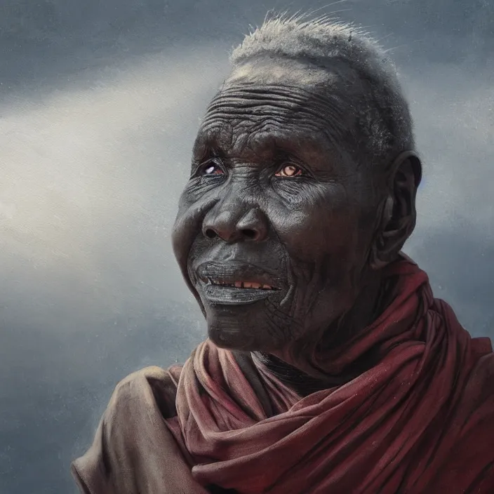 Image similar to a painting of a wise elder from Kenya. dramatic angle, ethereal lights, details, smooth, sharp focus, illustration, realistic, cinematic, artstation, award winning, rgb , unreal engine, octane render, cinematic light, macro, depth of field, blur, red light and clouds from the back, highly detailed epic cinematic concept art CG render made in Maya, Blender and Photoshop, octane render, excellent composition, dynamic dramatic cinematic lighting, aesthetic, very inspirational, arthouse.