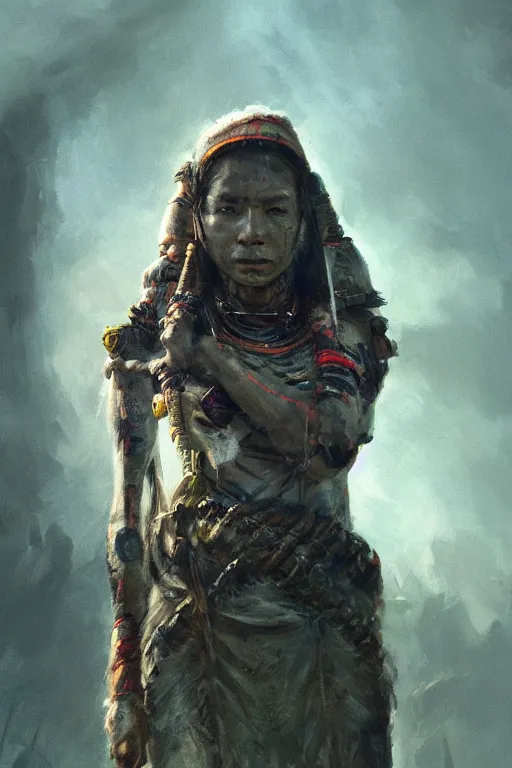 Prompt: a portrait of a tribal women a sci-fi weapon by Greg Rutkowski, Sung Choi, Mitchell Mohrhauser, Maciej Kuciara, Johnson Ting, Maxim Verehin, Peter Konig, final fantasy , mythical, 8k photorealistic, cinematic lighting, HD, high details, atmospheric,