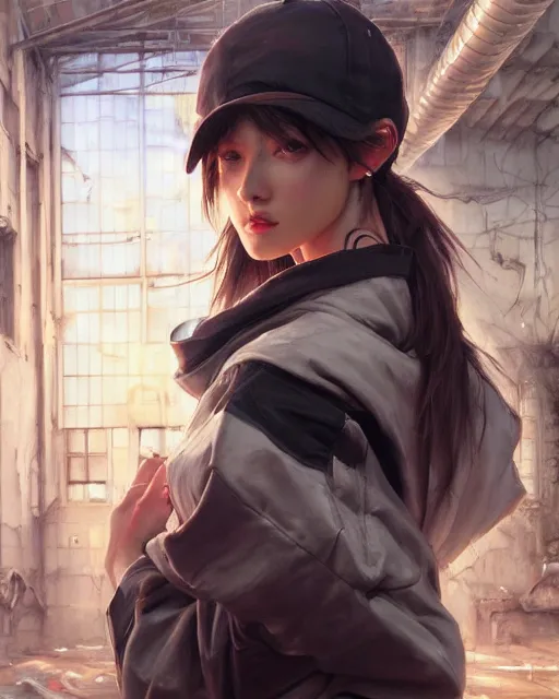 Image similar to daniel gerhartz and artgerm detailed portrait digital rococo painting of a beautiful woman wearing streetwear clothing, instagram style, abandoned warehouse interior in the background, unreal engine, hyper realism, realistic shading, cinematic composition, blender render, octane render, hdr, detailed textures, photorealistic, ultrawide shot, 3 5 mm film