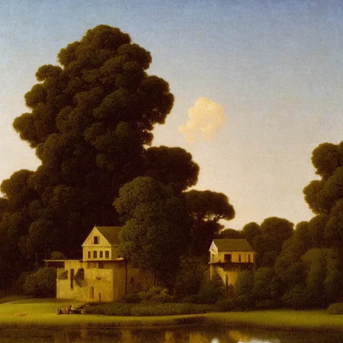 Prompt: a building in a landscape, by martin johnson heade