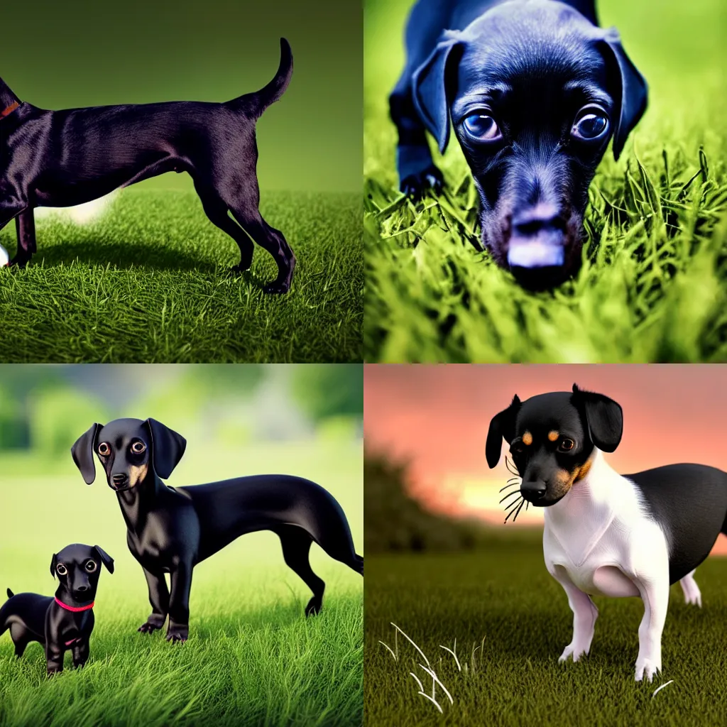 Prompt: black dachshund Chihuahua with white chest in grass chewing on stick, photorealistic, realistic 4k octane beautifully detailed render, 4k post-processing, highly detailed, intricate complexity, epic composition, magical atmosphere, cinematic lighting, masterpiece, ultra hd