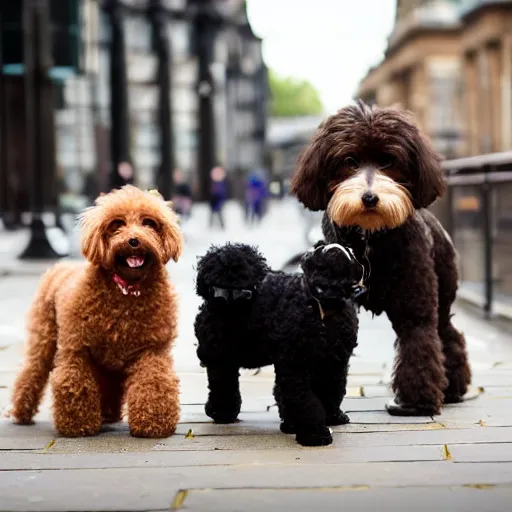 Prompt: black miniature poodle and brown & tan yorskshire terrier best friends walking through london 35mm 4k IMAX sharp focus