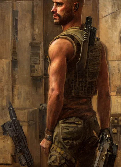 Prompt: arthur cyberpunk USN marine wearing a military vest and military jumpsuit (cyberpunk 2077, bladerunner 2049). Iranian orientalist portrait by john william waterhouse and Edwin Longsden Long and Theodore Ralli and Nasreddine Dinet, oil on canvas. Cinematic, hyper realism, realistic proportions, dramatic lighting, high detail 4k