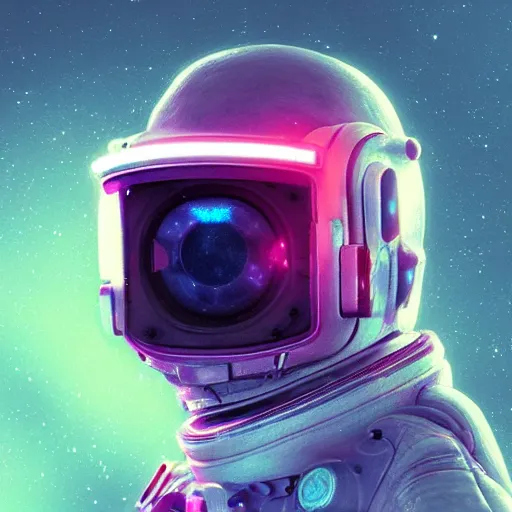 Image similar to cyberpunk astronaut bot, cinema 4 d, galaxy, ufo, space sci - fi, wearing vr goggles, illustration, portrait, pastel neon textured background night, trending on artstation, greg rutkowski, octane rendered, 1 2 k, detailed,