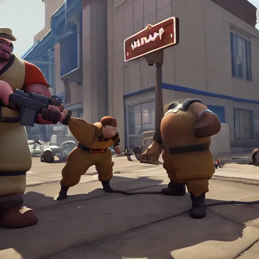 Image similar to heavy from team fortress 2 in real life outside a walmart, dslr, 8 k, octane beautifully detailed render, warm mood, cinematic lighting, detailed photo, masterpiece, volumetric lighting, ultra realistic, highly detailed, high quality, lossless, photorealistic