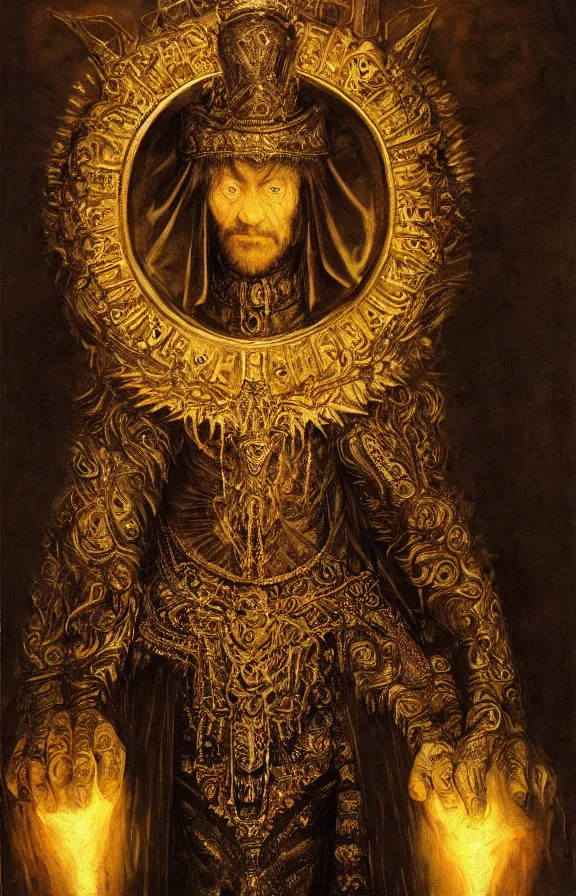 Prompt: an portrait of the king hastur, omnious mantle, dark crown, intricate details, detailed clothes, artstation, epic pose, epic light, by rembrandt and hieronymus bosch