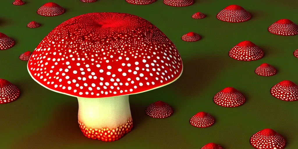Image similar to a 3 d render of a giant psychedelic amanita muscaria, many tiny people are below looking up at it,