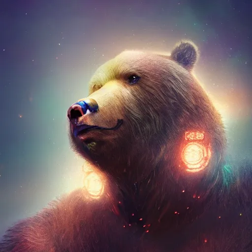 Image similar to a mythical human bear hybrid, concept art, portrait, epic, trending on artstation, very detailed, 4 k, hd, dramtix lighting, flowing energy, by beeple