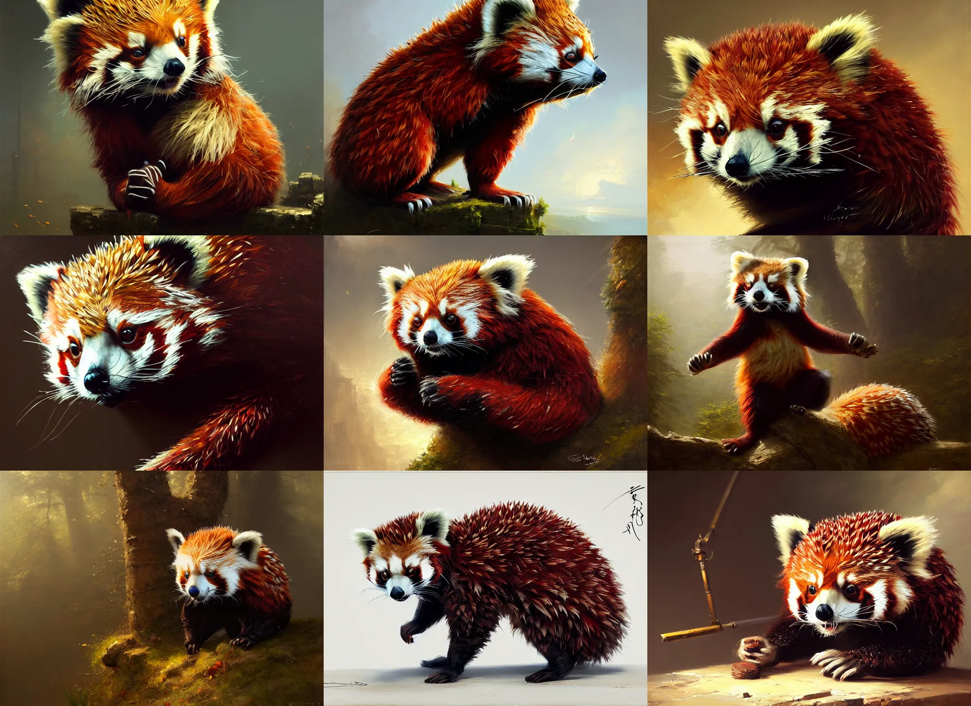 Prompt: highly detailed painting of an anthropomorphic anthropomorphic red panda hedgehog by william turner, by greg rutkowski, by william constable, photorealism, 4 k resolution