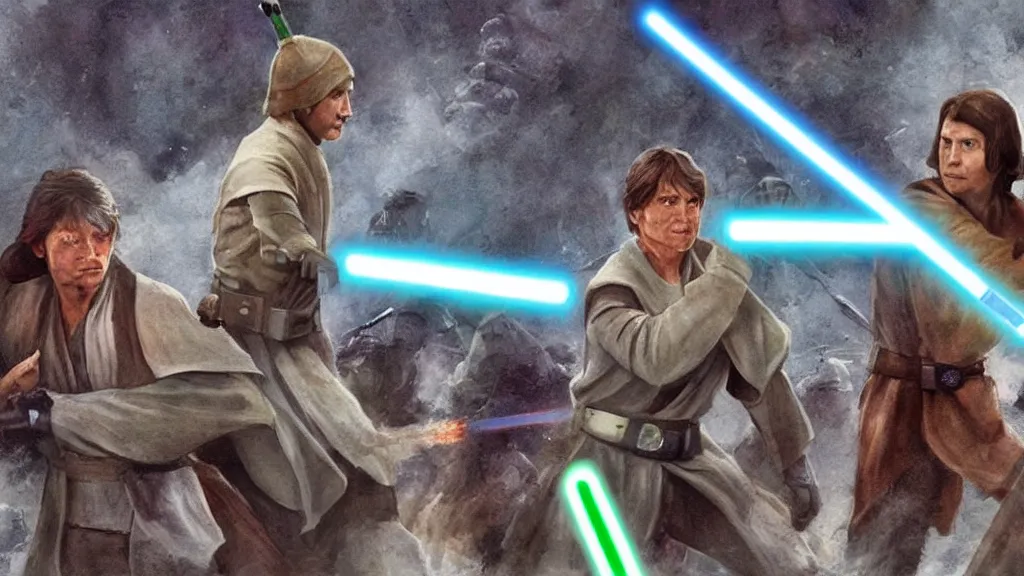 Image similar to jedi battle of zelensky against putin, in the style of star wars