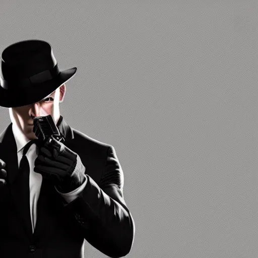 Image similar to serious looking hitman in a black suit and black fedora hat. he has a big silver gun, 4 k, atmospheric, epic scene, strong shadows, high contrast