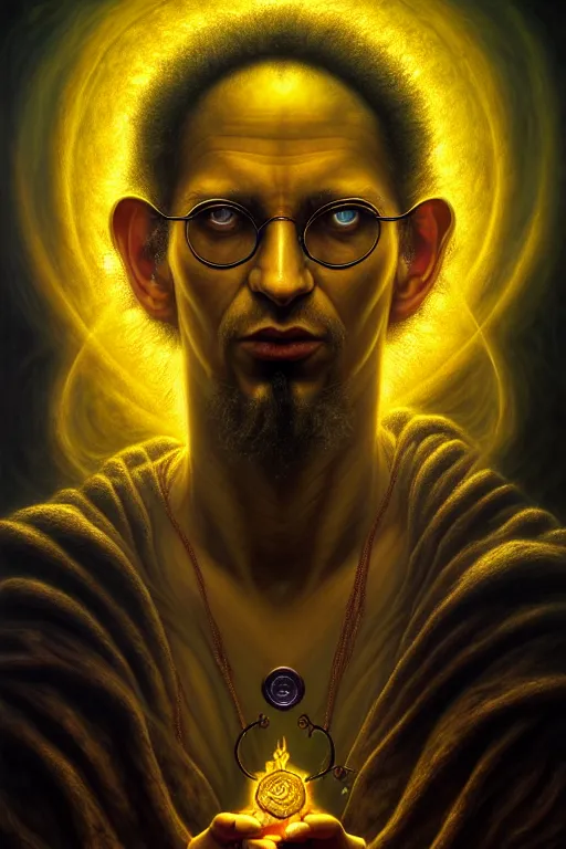 Prompt: The Software Developer, tarot card, by tomasz alen kopera and Justin Gerard, computer nerd, matrix text, thinkpad, dreadlocks, symmetrical features, ominous, magical realism, texture, intricate, ornate, royally decorated, whirling yellow smoke, embers, radiant colors, fantasy, trending on artstation, volumetric lighting, micro details, 3d sculpture, ray tracing, 8k, anaglyph effect