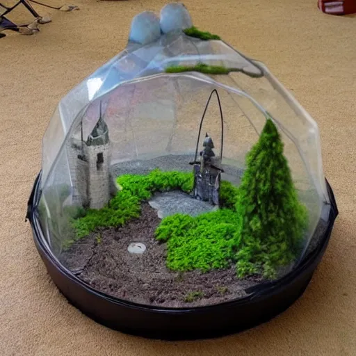 Prompt: real life castle inside a giant terrarium on the moon