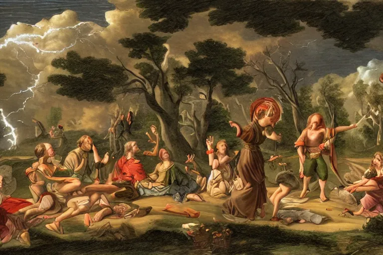 Prompt: a detailed illustration of a god ruining a picnic in the park, nightmare in the park, small crowd of people, calamity, dark storms with lightning, 8 k, in a baroque style