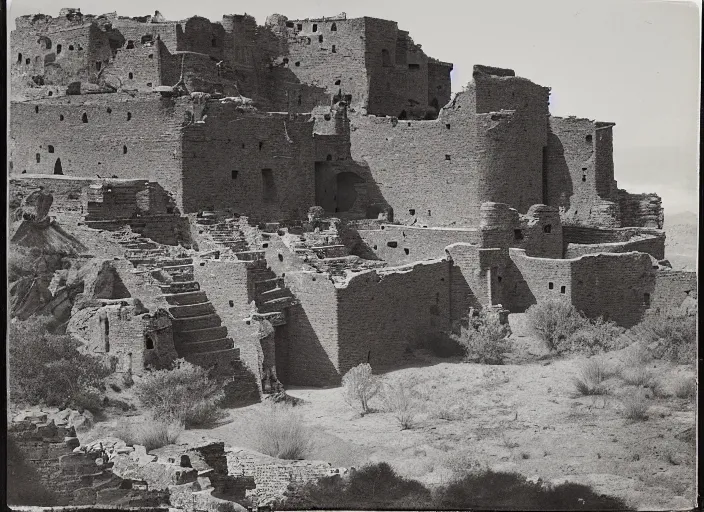 Prompt: Photograph of sprawling cliffside pueblo ruins, showing terraced garden and lush desert vegetation in the foreground, albumen silver print, Smithsonian American Art Museum