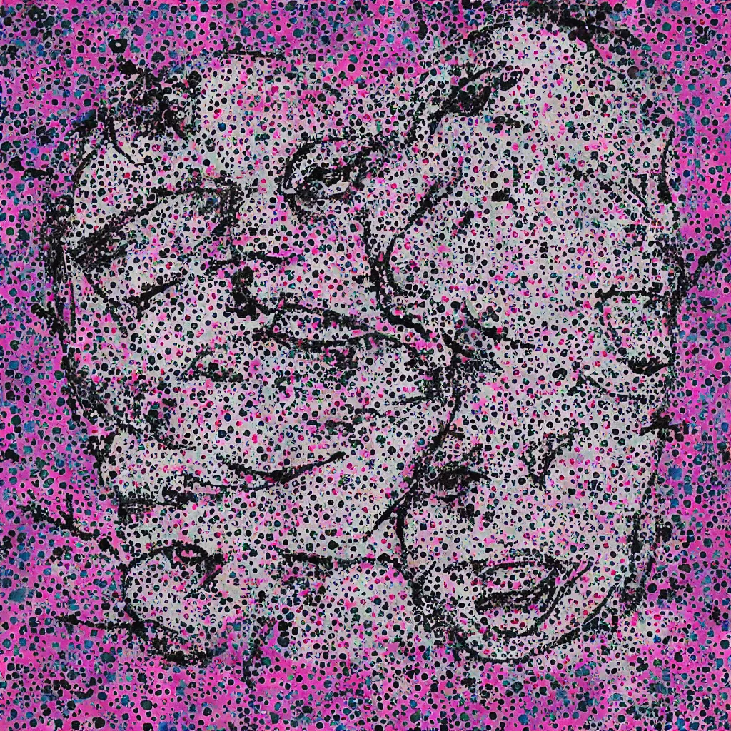 Image similar to camo made of out teeth, smiling, abstract, maya bloch artwork, pink convertible, do hoang tuong artwork, cryptic, dots, stipple, lines, splotch, color tearing, pitch bending, faceless people, dark, ominous, eerie, minimal, points, technical, old painting