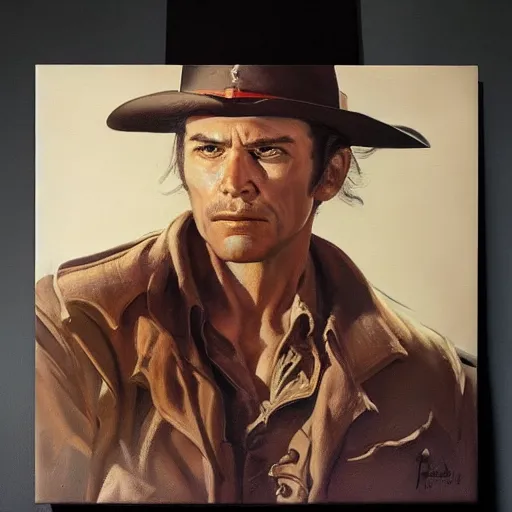 Prompt: ultra realistic portrait painting of kim wexler as a western outlaw, art by frank frazetta, 4 k, ultra realistic, highly detailed, epic lighting