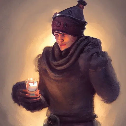 Prompt: a male adventurer wearing a black night cap with a pom pom at the end, holding a candle, portrait, d & d, science fiction, concept art, matte, sharp focus, illustration, concept art, jason chan, dan luvisi, karl thiart