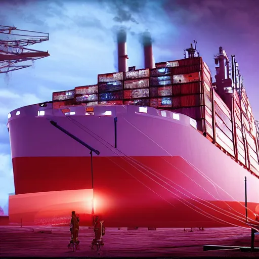 Image similar to photo of Immense industrial futuristic cargo ship arrives at cyber punk city sea port, cinematic lighting, photo