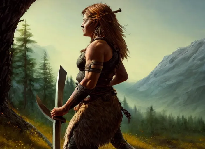 Image similar to a warrior, female, she carries an axe, the axe is resting on her shoulder, she is grabbing a nearby tree, looking onto the horizon, a big wolf is next to her, fall, mountain landscape, portrait by magali villeneuve and ames jean and artgerm and greg rutkowski, 4 k, artstation, realistic, cinematic composition, d & d