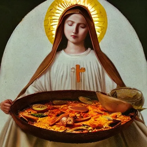 Prompt: la virgen maria haciendo una paella