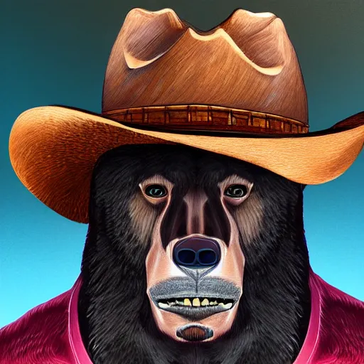 Image similar to portrait of bear beast-man wearing a cowboy hat, digital art, concept art, highly detailed, sharp focus