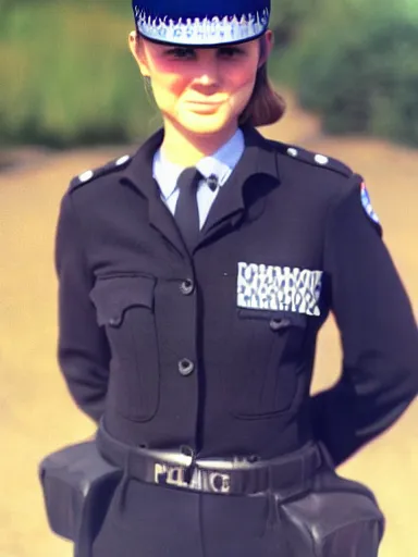 Prompt: a pretty young british police officer. 1 9 6 7. color portrait.