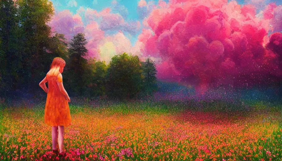 Prompt: girl with an blooming flower face, surreal photography, dream, standing in flower field, hills, big trees, sunrise dramatic light, impressionist painting, colorful clouds, digital painting, pointillism, artstation, simon stalenhag