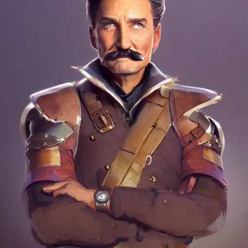 Prompt: a highly detailed epic cinematic concept art CG render digital painting artwork costume design: Errol Flynn as a 1950s sly engineer with a thick moustache. By Greg Rutkowski, Ilya Kuvshinov, WLOP, Stanley Artgerm Lau, Ruan Jia and Fenghua Zhong, trending on ArtStation, subtle muted cinematic colors, made in Maya, Blender and Photoshop, octane render, excellent composition, cinematic atmosphere, dynamic dramatic cinematic lighting, aesthetic, very inspirational, arthouse