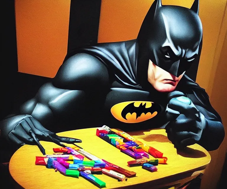 Image similar to “ sad batman crying and snacking on crayons from the box, deformed, disfigured photorealistic, hyperrealism, highly detailed, pixar ”