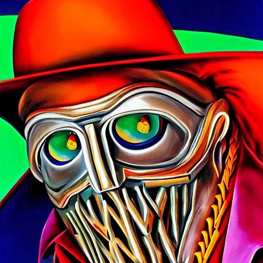 Image similar to beautiful lifelike painting of mf doom rhinestone cowboy, hyperreal detailed facial features and uv lighting, art by ed roth and basil wolverton