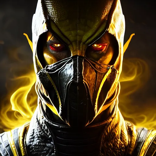 Image similar to Portrait of Scorpion from Mortal Kombat 11, anger, mystery, fear, highly detailed, ominous vibe, smoke, octane render, cgsociety, artstation, trending on ArtStation, by Travis Sergio Diaz