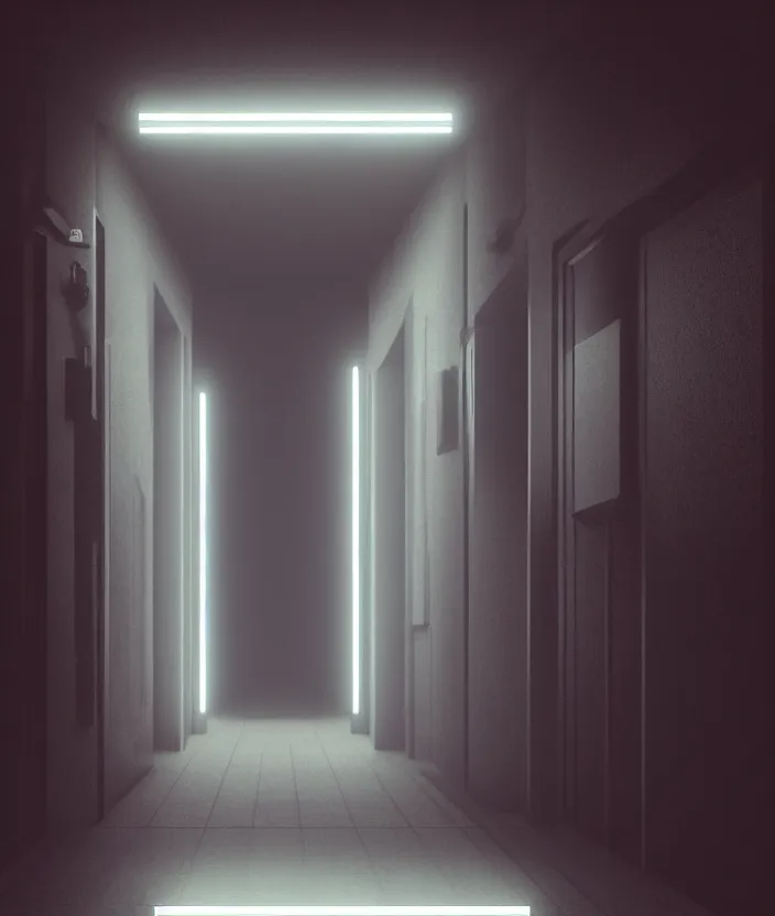 Image similar to a dark hallway, at the end there is a mysterious illuminated door with a neonsign in the style of rhads, xf iq 4, f / 1. 4, iso 2 0 0, 1 / 1 6 0 s, 8 k, raw, featured in artstation, octane render, cinematic, elegant, intricate, 8 k,