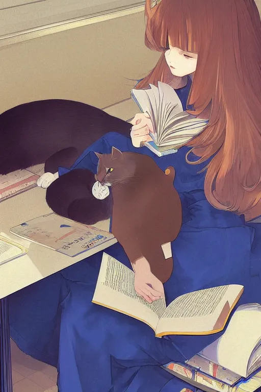 Image similar to a digital painting of a girl reading a book with a cat in A comfortable study room at night,JK uniform ,Hairdryer,blue theme,geometric shapes,S line,hard edges, by mucha and krenz cushart and range murata and liduke