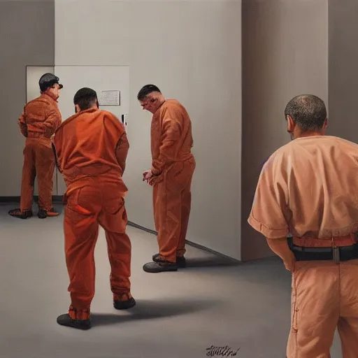 Image similar to hyperrealism painting of prisoners scheming to escape prison while guards are distracted