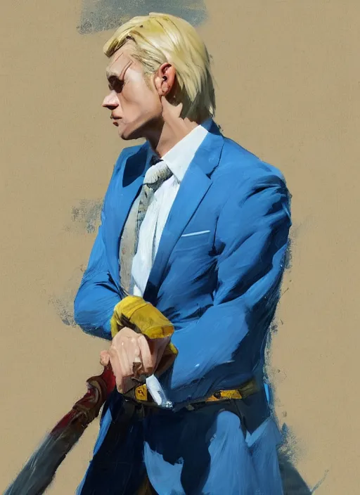 Prompt: greg manchess side portrait of a blond man in a blue suit with a big sword, asymmetrical, profile picture, organic painting, sunny day, matte painting, bold shapes, hard edges, street art, trending on artstation, by huang guangjian, gil elvgren, ruan jia, randy vargas, greg rutkowski