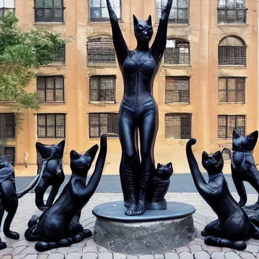 Prompt: a group of cats worshipping a statue of catwoman