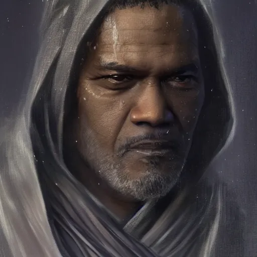 Image similar to portrait of a man by greg rutkowski, old jedi master, black, he looks like laurence fishbourne, star wars expanded universe, he is about 6 0 years old, wearing jedi robes, highly detailed portrait, digital painting, artstation, concept art, smooth, sharp foccus ilustration, artstation hq