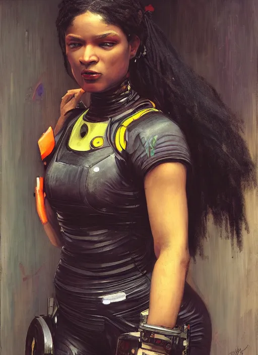 Image similar to Maria Igwe. Beautiful Feminist Cyberpunk mechanic with robotic legs. (Cyberpunk 2077, bladerunner 2049). Iranian orientalist portrait by john william waterhouse and Edwin Longsden Long and Theodore Ralli and Nasreddine Dinet, oil on canvas. Cinematic, vivid colors, hyper realism, realistic proportions, dramatic lighting, high detail 4k